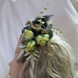 Hair Fascinators, Kentucky Derby Hat, Headwear, Black with gold horse and floral